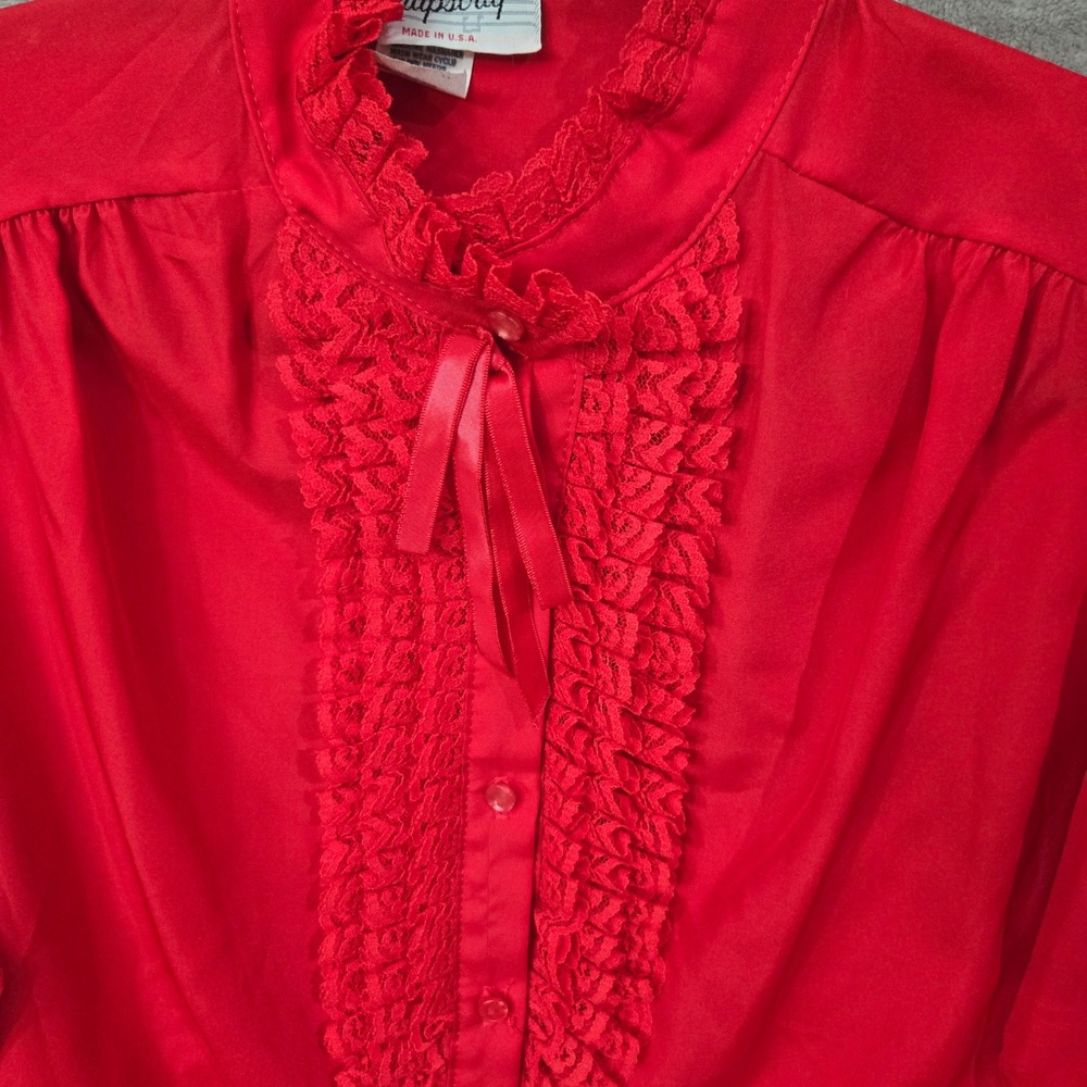 Vtg Rhapsody Blouse Women Medium Red Lace Trim Victorian Ruffle 80s Statement
